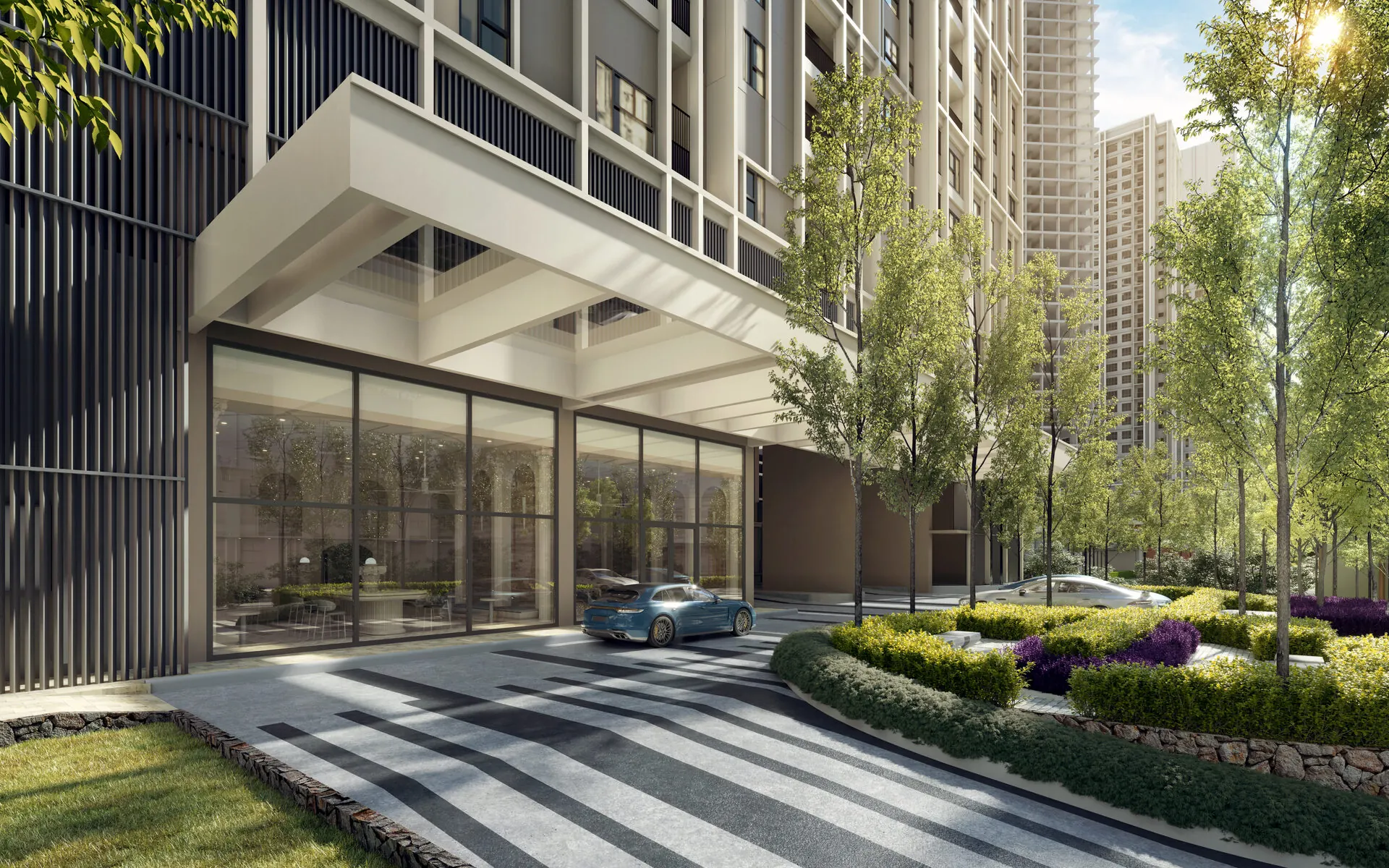 Grand drop-off porch at The Aldenz by EXSIM