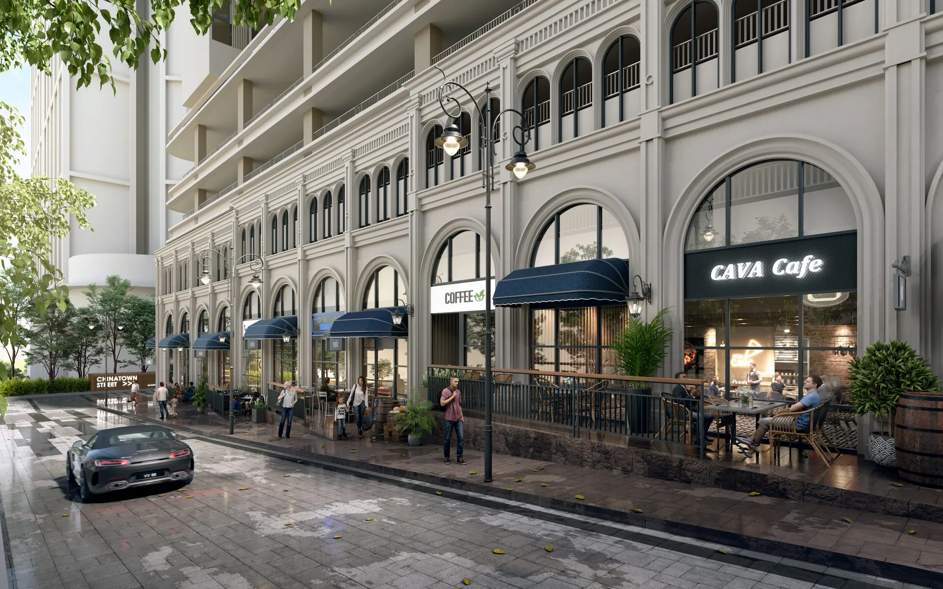 Colonial retail promenade at The Aldenz Damansara Perdana with cafes and shops