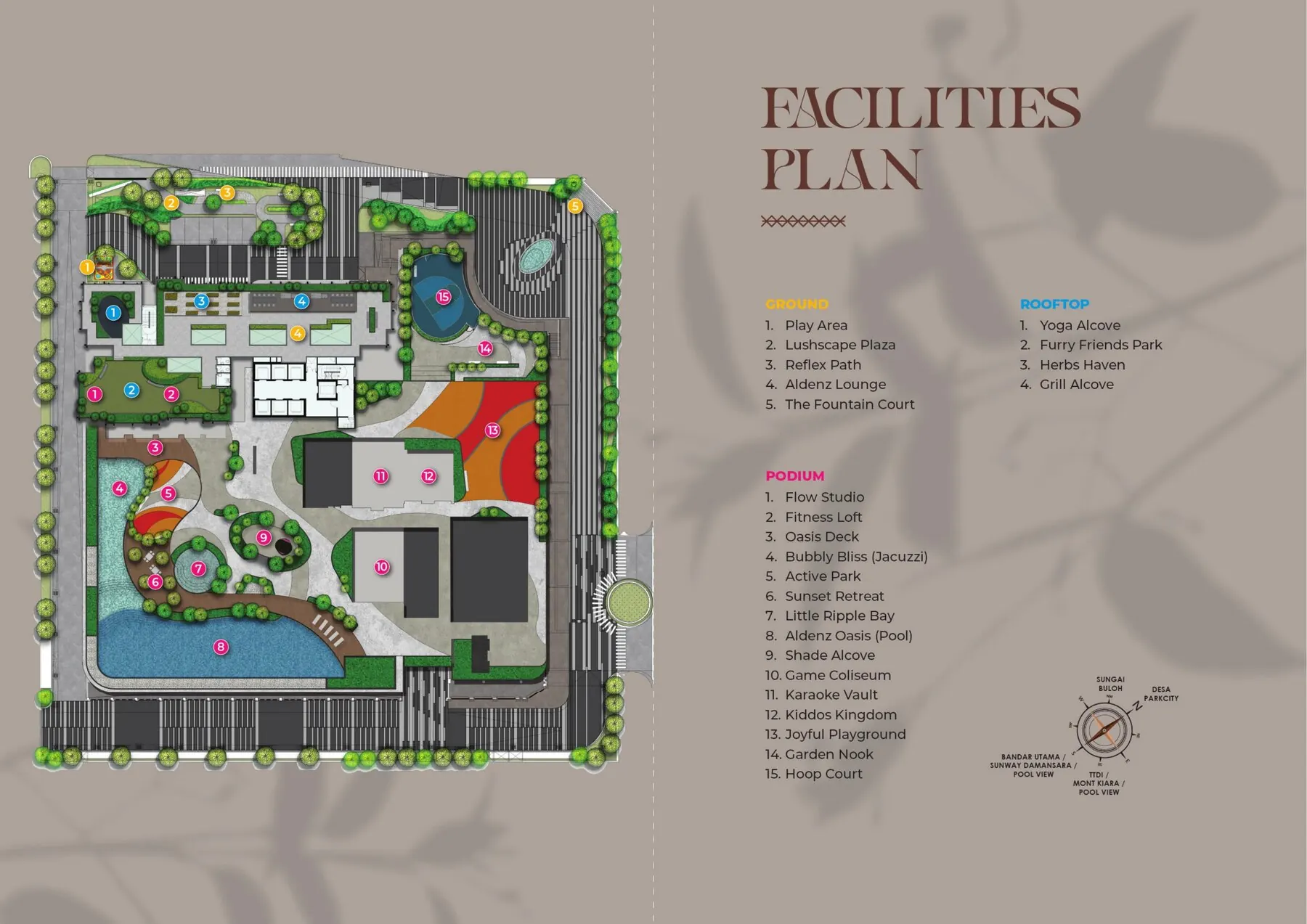 The Aldenz facilities masterplan showing Ground, Podium and Rooftop tiers with over 20 amenities