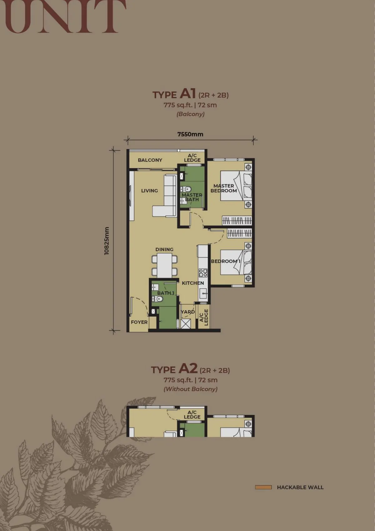 The Aldenz Type A floor plan — 775 sq.ft. 2-bedroom 2-bathroom layout by EXSIM