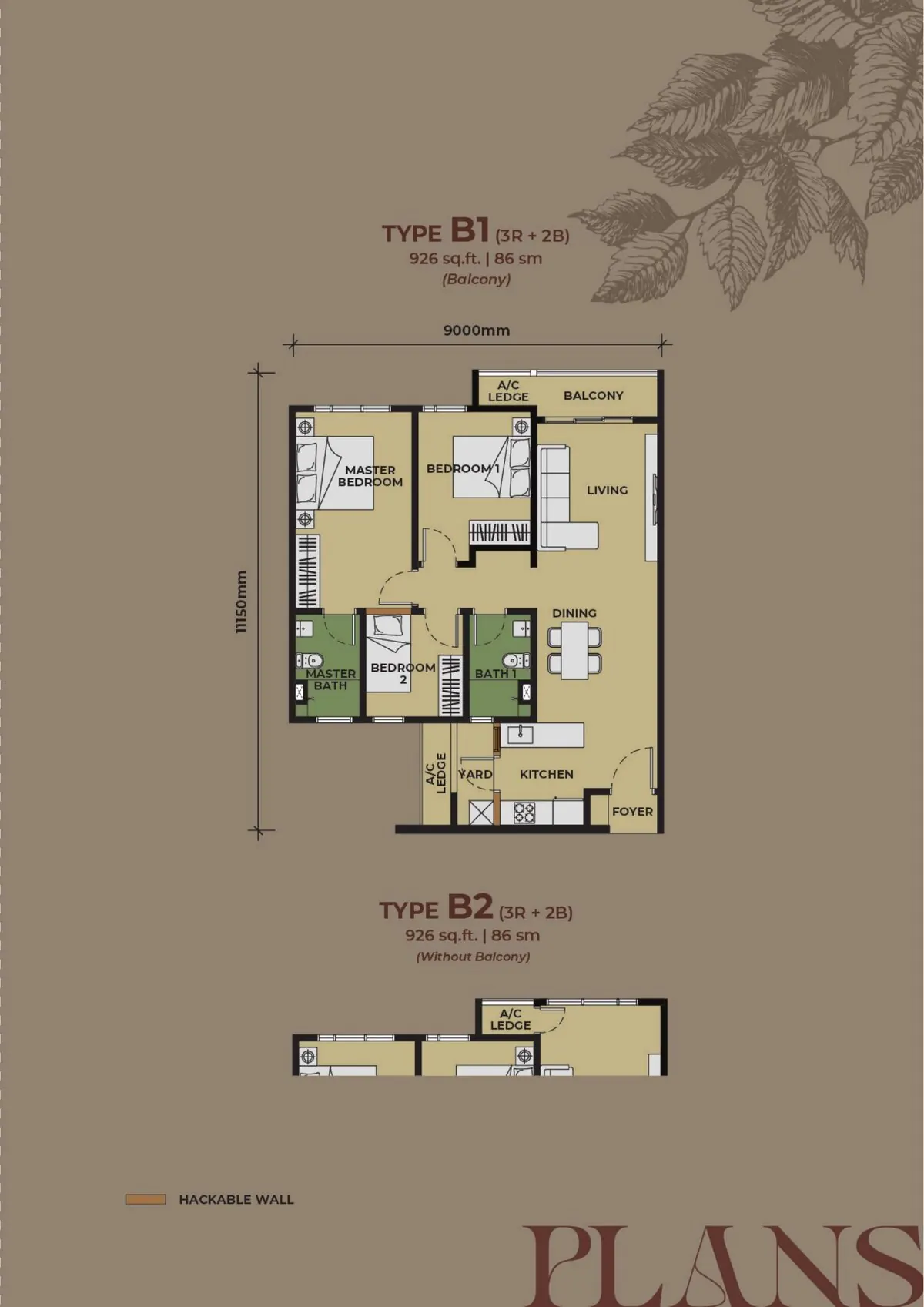 The Aldenz Type B floor plan — 926 sq.ft. 3-bedroom 2-bathroom family layout in Damansara Perdana
