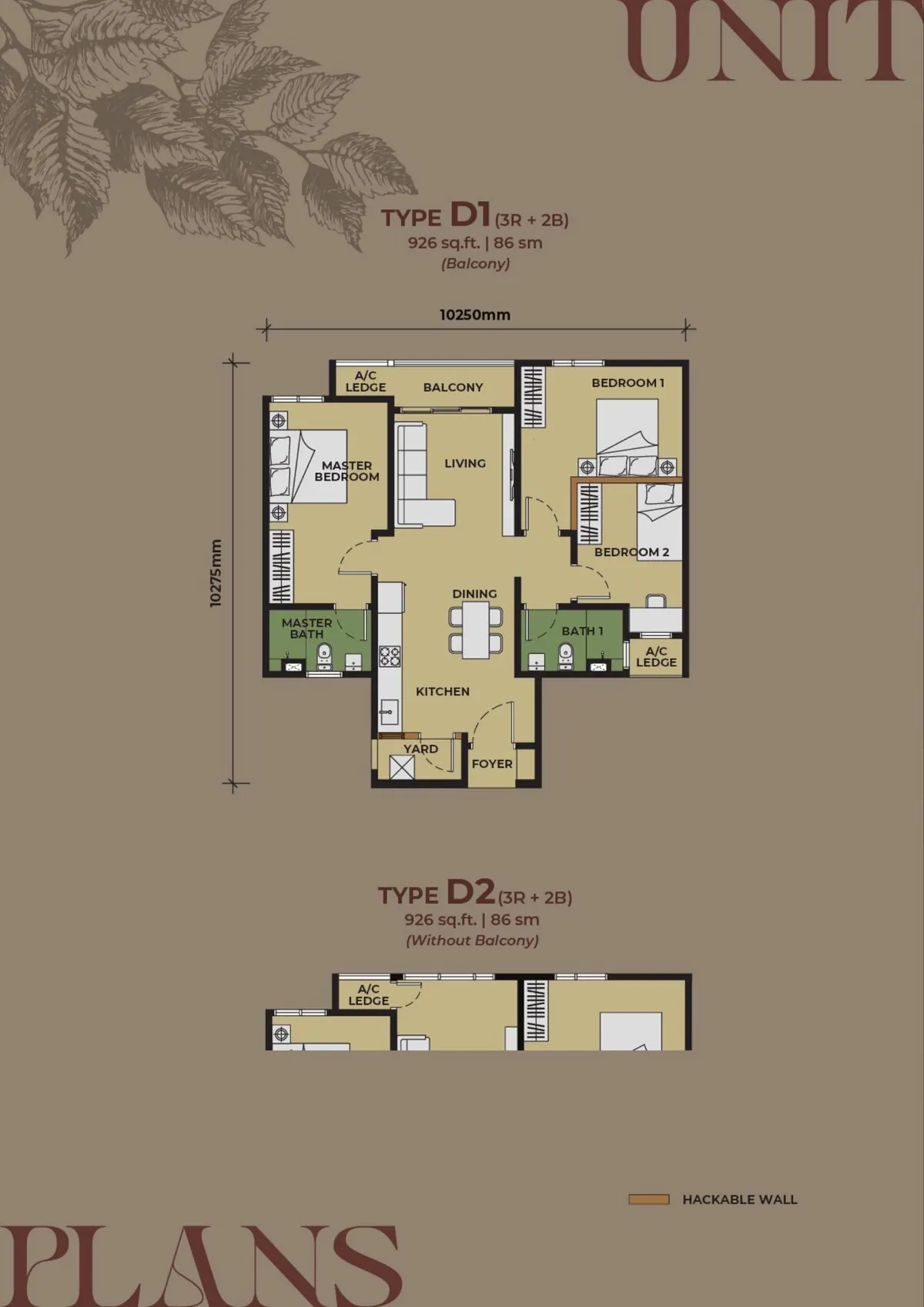 The Aldenz Type D floor plan — 926 sq.ft. 3-bedroom classic layout with balcony at Central Park Damansara